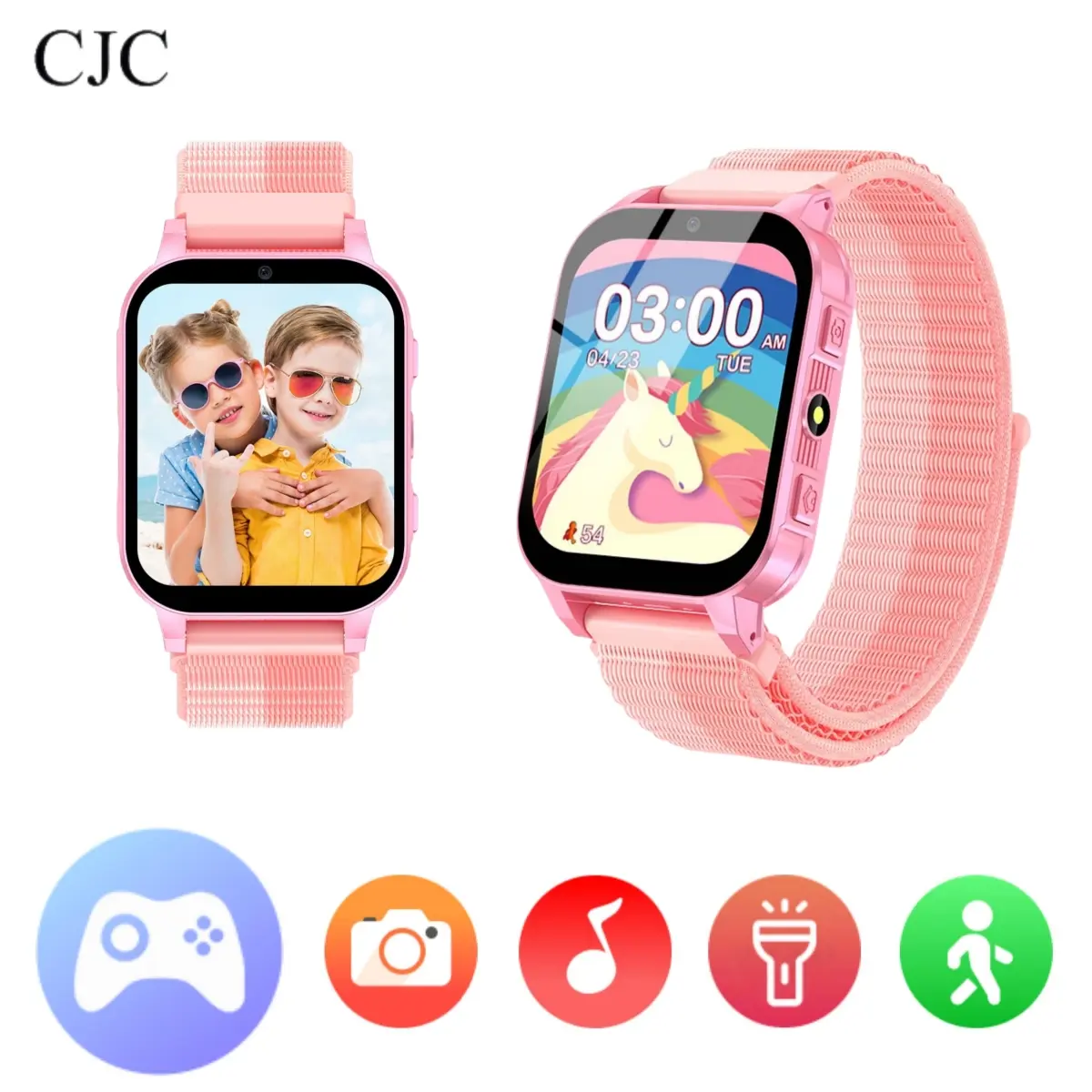 CJC Durable Aluminum Wearable GPS Smartwatch for Kids Ages 4-12, 30 Educational Games, 140 Learning Cards, HD Touch Screen, Selfie Camera, Music, Pedometer, Water-Resistant, Android-Compatible, LED Features, Rechargeable USB, Birthday/Christmas Gift