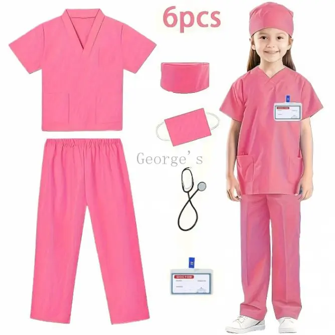 Girls' 6-Piece Doctor Costume Set - Pink Polyester Medical Uniform with Short Sleeve Scrub Top, Stethoscope, Hat & More - Durable, Comfortable Role Play Outfit for 3-10 Years (3-4y,4-5y)