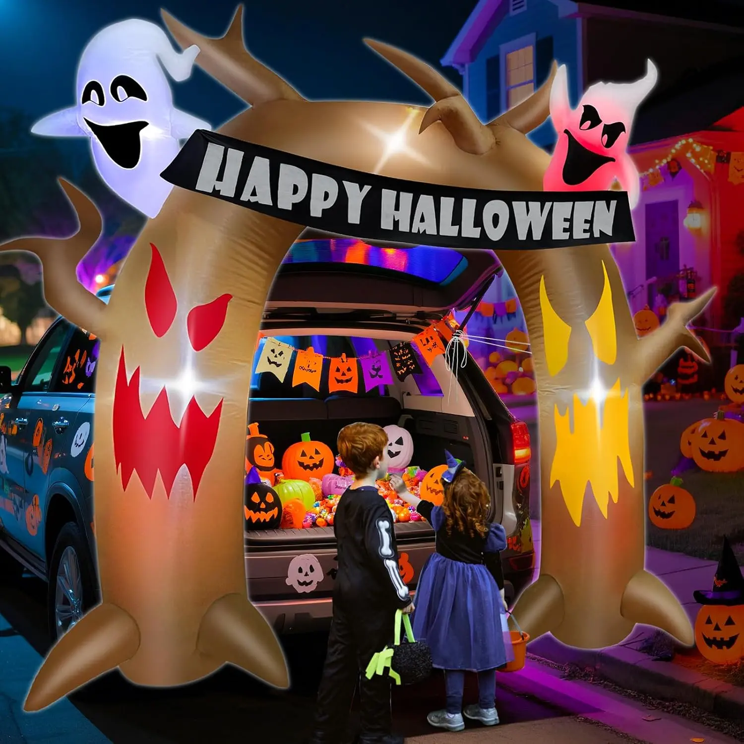 5 Ft Halloween Inflatable Dead Tree Arch - Waterproof, Easy-Install, Automatic 0.8V Outdoor Festive Piece with Built-In Lights, Haunted Ghosts, Banner Holder for Car Trunk Trick-or-Treat Displays, Arch Trellis, Water Proof
