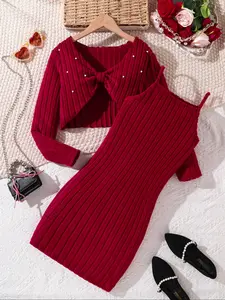 Christmas Girl Pearl Embellished Knit Soft Bow Design Long Sleeve Short Top with Slim Fit Dress Fashion Comfort Set Outfit