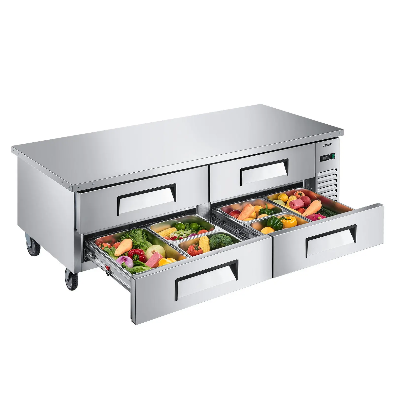 VEVOR ChefBaseRefrigerator, 72 W Commercial Chef Bases Worktop Refrigerators, 4-Drawer Under Counter Fridge with 12 Pans Stainless Steel, Heavy-Duty Refrigerated Base, Invisible Door Handle
