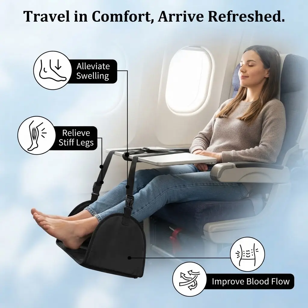 Airplane Footrest with Detachable Wooden Board - Anti-Squeeze Travel Hammock for Long Flights, Train, & Office Foot Relief