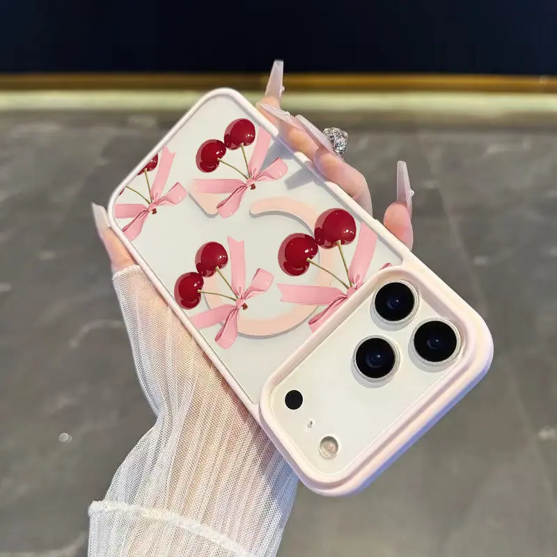 Cherry Bow Tie Magnetic Protective Case for iPhone (X/XS/XS Max/11/12/13/14/15/16/17) - TPU Material, Flexible Bows, Fashionable Design, High-Quality Printing, Magnetic Closure, Multi-Model Phone Accessories, summerwins, for Fashion Enthusiasts