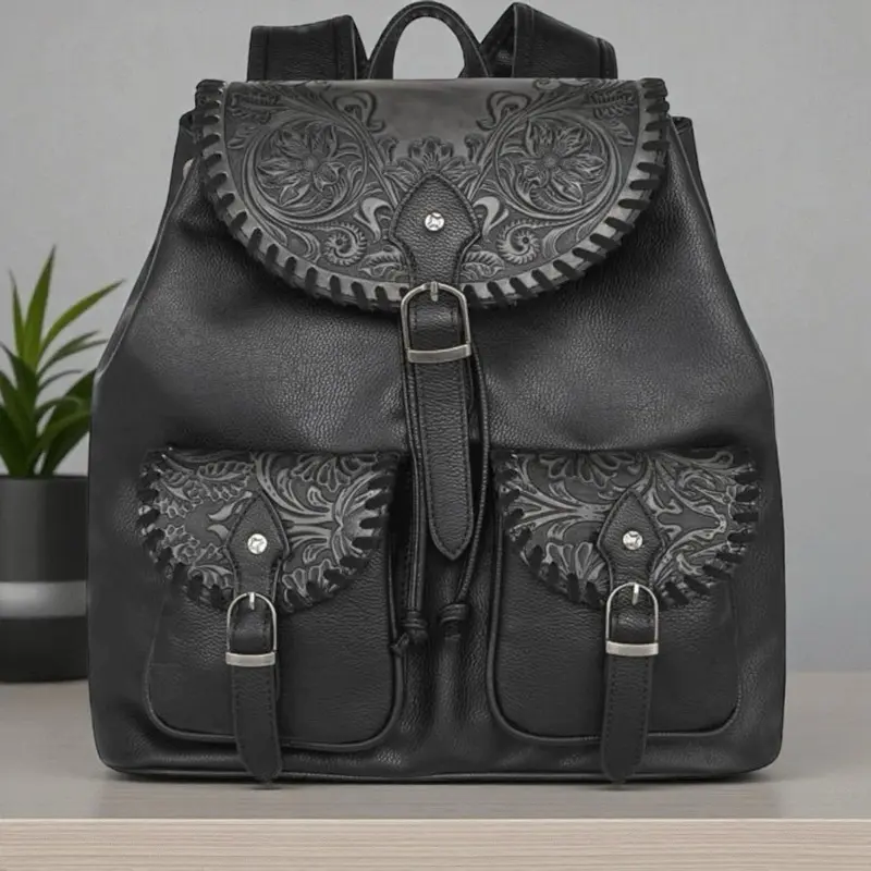 Backpack Montana West Black Tooled Detail w/ Pockets and Adjustable Padded Straps