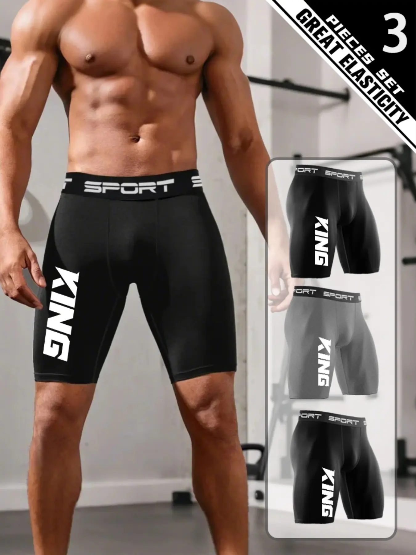 3 Pack Men's Compression Sport Shorts, High Compression Fit, High Elastic Quick-Dry Fabric with Bold "KING" Logo Print, Muscle Support for Gym Training, Running & Weightlifting, Athletic Base Layer, Breathable & Soft, Athletic Wear