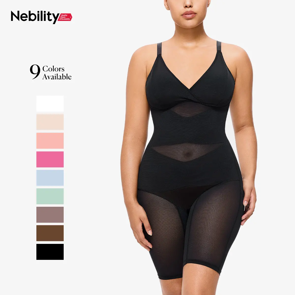 Nebility Women's High Waisted Compression Mesh Bodysuit - V-Neck, Breathable Cut-Out Design, Crossover Fitness Belt, Strong Core Control, Built-In Chest Support, Body Contouring Belly Hiding Shapewear