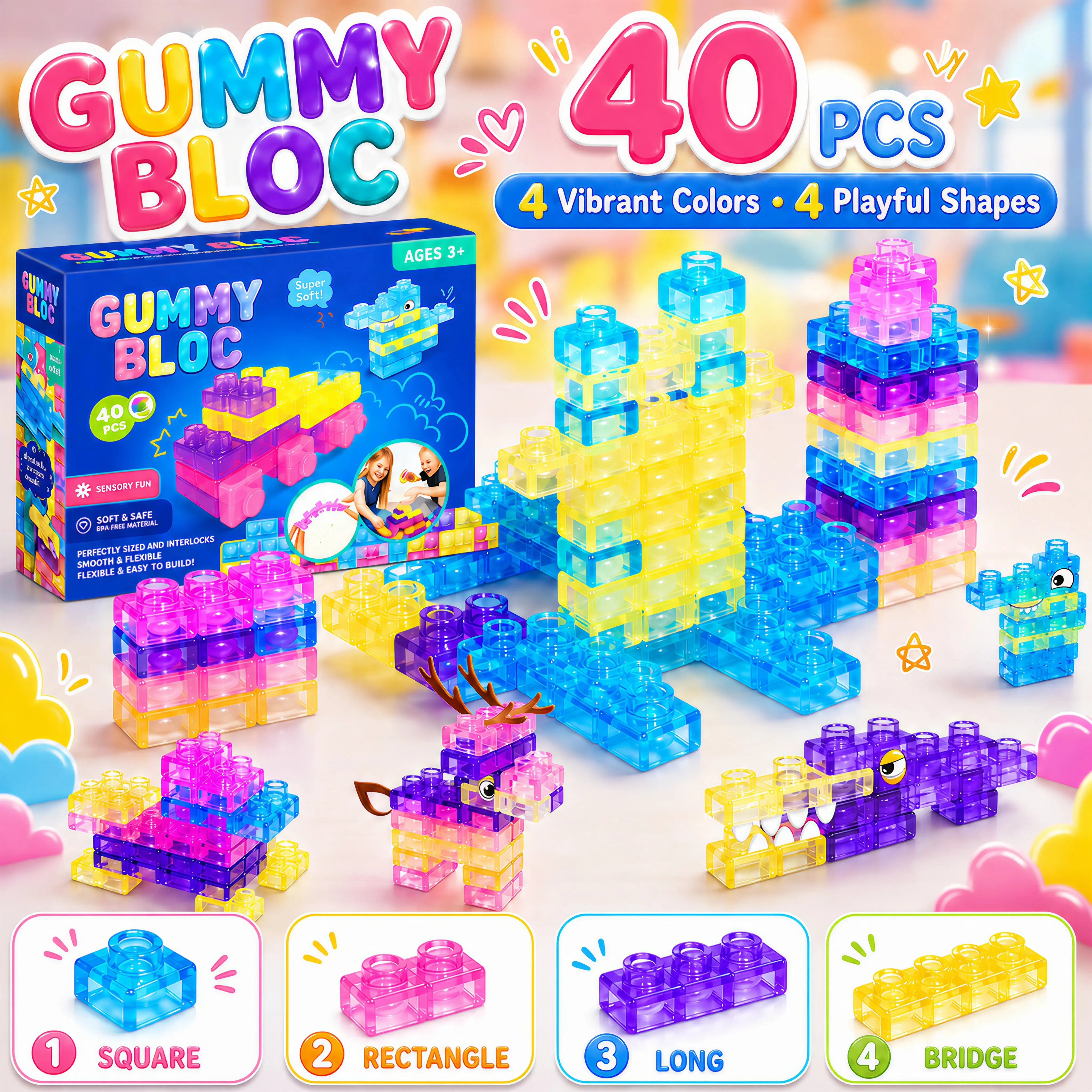 40 PCS Soft Sensory Building Blocks for Kids Ages 3+, Squishy TPR Stacking Toys, Squeezable Stretchable Interlocking Blocks, Montessori-Inspired STEM Learning Toy for Preschool Fine Motor Play
