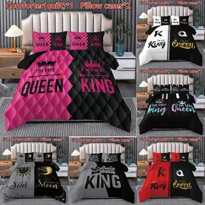 King & Queen Pattern Quilt Set, HD Digital Print, Skin-Friendly Breathable Bedding, 100% Polyester Fiber, Perfect Gift for Family Friends