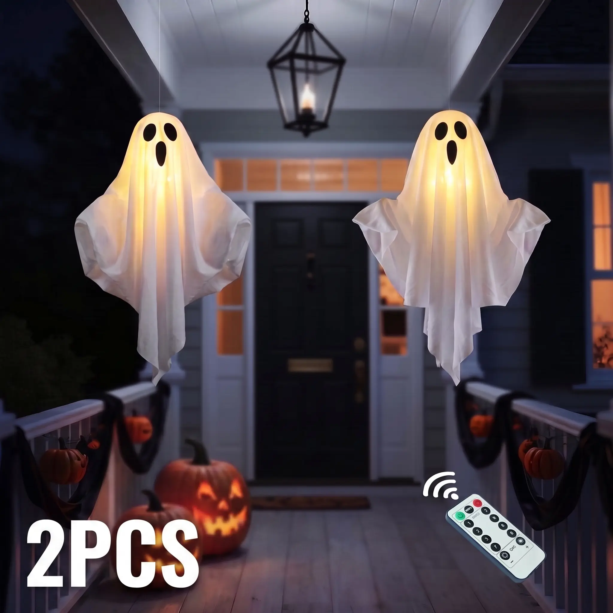 2-Pack Halloween Light-Up Hanging Ghost Decorations, Battery-Operated LED Cable Decor  Swinging Floating for Outdoor Front Porch Yard Tree   garden, Indoor Home Festive Decor spooky scary decor display holiday decorative ambiance cute ornament
