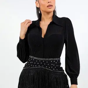 Women's Long-Sleeve Rhinestone-Embellished Maroon Sherazade Blouse - Button-Up Shirt with Comfortable Fit, Stylish Design, On-Trend Ladies' Top