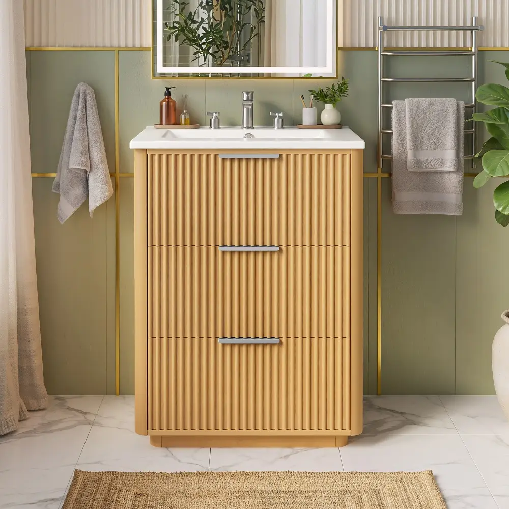 Littleox 24 inch Modern Luxury Bathroom Vanity with Ceramic Sink, Bathroom Cabinet with Open Shelf and Closed Storage