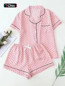 Women's Mini Polka Dot Sweet Collar Short Sleeve Top with Pockets and Bow Shorts, Casual Fitted Striped Pajama Set for Home Wear