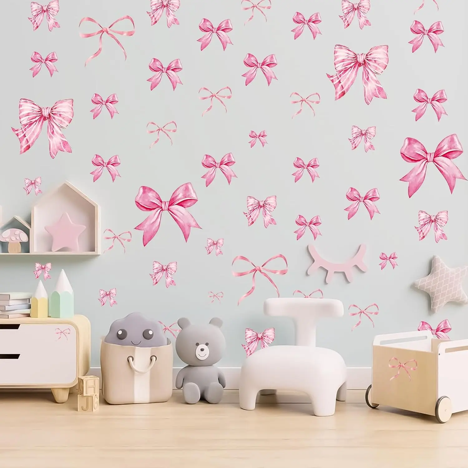 8Sheets 46Pcs Bow Knot Wall Decals Watercolor Peel and Stick Wallpaper for Nursery Kindergarten Girls Bedroom Coquette Room Decor