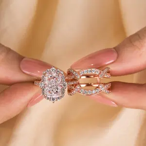 Effinny Jewelry 3.0ct Vintage Halo Radiant Cut Insert Wedding Ring Set In 925 Sterling Silver, Rose Golden Engagement Ring For Women