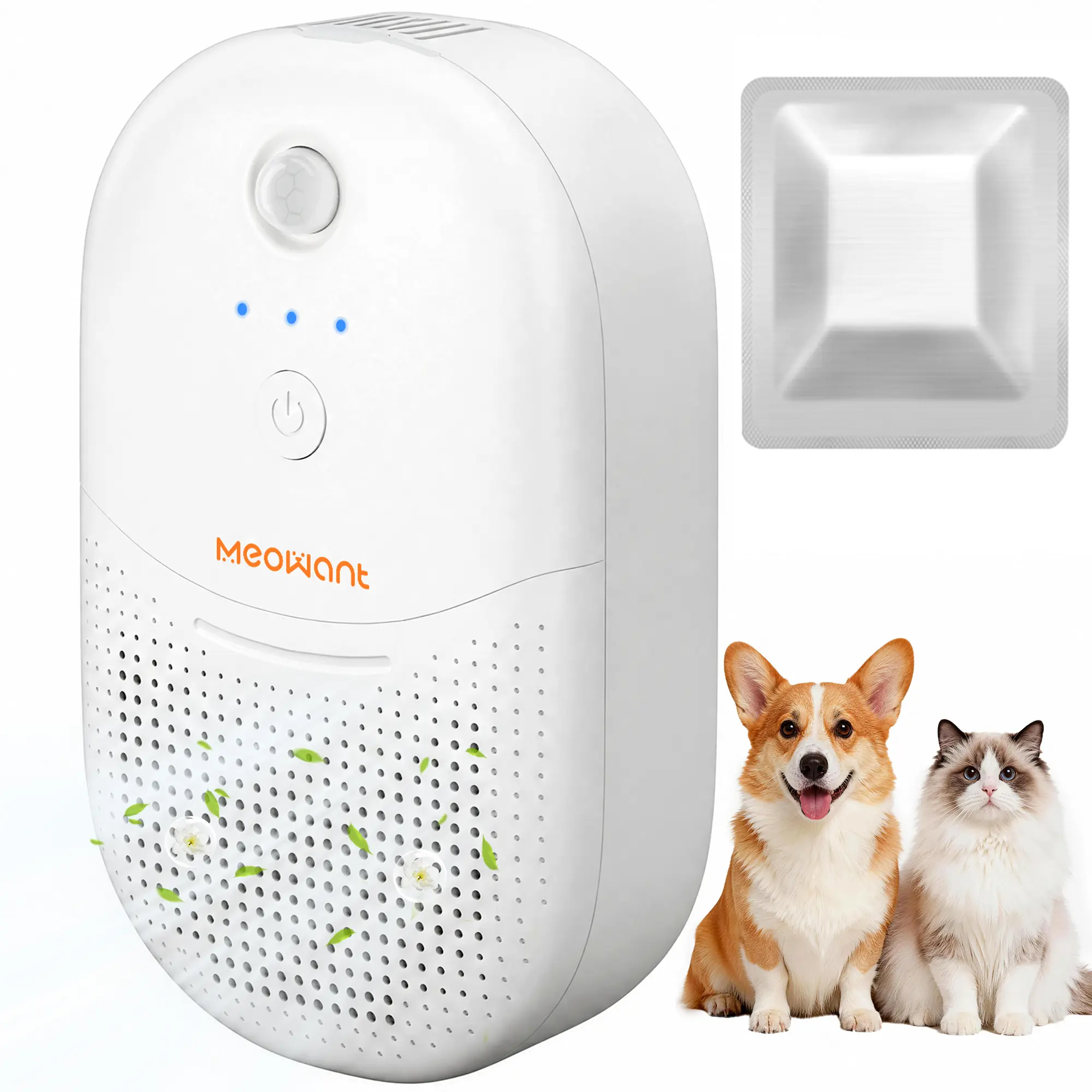 Meowant Wireless Rechargeable Cat Litter Odor Eliminator - Compact Plastic Body Negative Ion Ionizer, Portable Air Purifier with Deodorant Gel, 3 Auto Modes, Sensor Monitor for Multi-Pet Homes