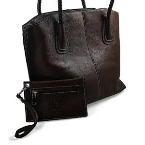 La Marey Brown Genuine Leather Tote Bag with Small Pouch