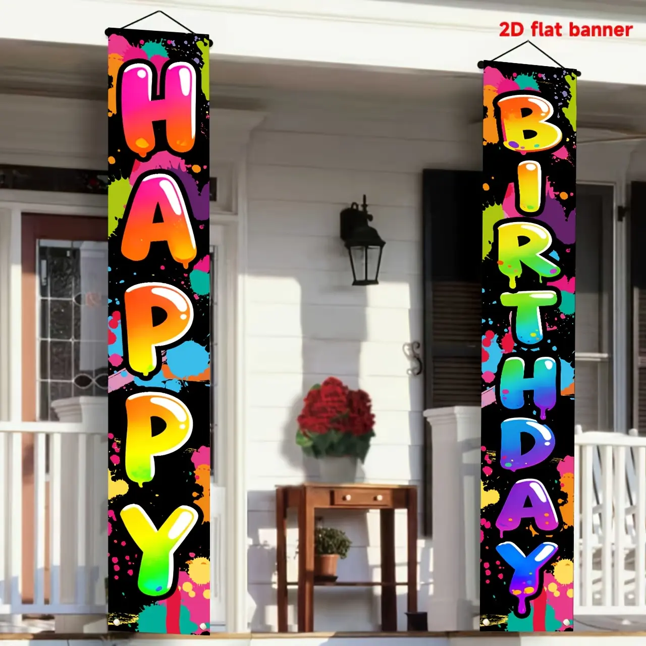 2pcs， 1 pair, neon graffiti happy birthday couplet decorative banner, made of polyester material, home party decorations, large party supplies and gift entrance, room and garden wall decoration, indoor and outdoor hanging decoration