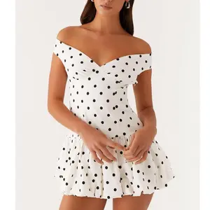 Romantic Off-Shoulder White Polka Dot Bubble Mini Dress for Women – Summer Vacation GARMENTARY