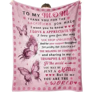 To My Mom Butterfly Flannel Throw plush Blanket, 1 Count Soft Warm Love Letter bath Blanket, Appreciation Gift Blanket for Home Office Travel Birthday Mother's Day