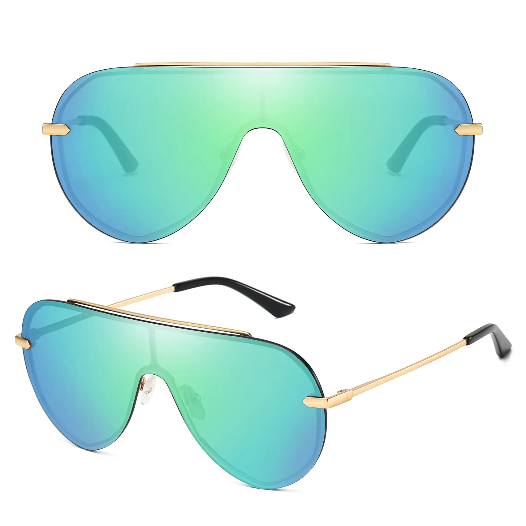 GMKATEYE Women's Y2K Vintage Oversized Rimless Shield Aviator Sunglasses - Thin Gold Alloy Frame, Mirrored Green Gradient UV400 Lens, 100% Anti-Glare Anti-Scratch HD Clear Shades for Driving, Beach & Daily Summer Wear