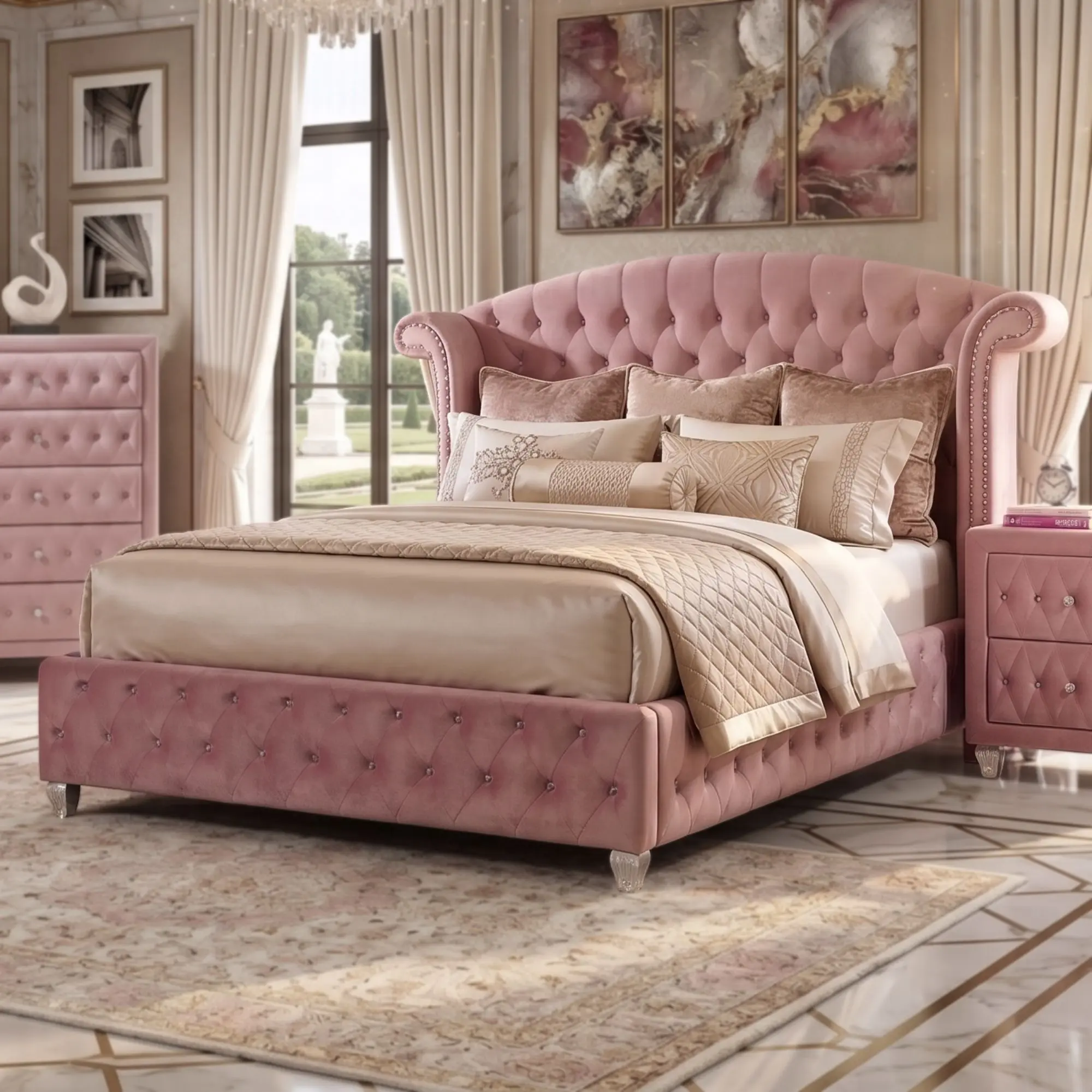 Alzir Royal Velvet Tufted Wingback Bed - Blue or Pink by Furniture of America Alzir Royal Velvet Tufted Wingback Bed - Blue or Pink by Furniture of America