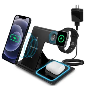 3 in 1 Wireless Charging Station, 15W Fast Foldable Wireless Charger Stand for Apple Devices, Qi-Certified for iPhone 16/15/14/13/12/11/Pro/Max/X/XR/Samsung, iWatch SE/7/6/5/4/3/2 & AirPods Pro/3/2, QC-3.0 Adapter Included