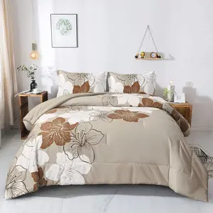 Brown Comforter Set Full Taupe Floral Comforter Botanical Bedding Sets, Soft Bed Comforter Set for All Season (1 Comforter, 2 Pillowcases)