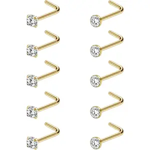 10Pcs 18G 20G Nose Ring Surgical Steel Nose Rings Studs Piercing 1.5mm 2mm 2.5mm 3mm Round Diamond CZ L Shaped Corkscrew Nose Rings Gold Black Silver Nose Piercing