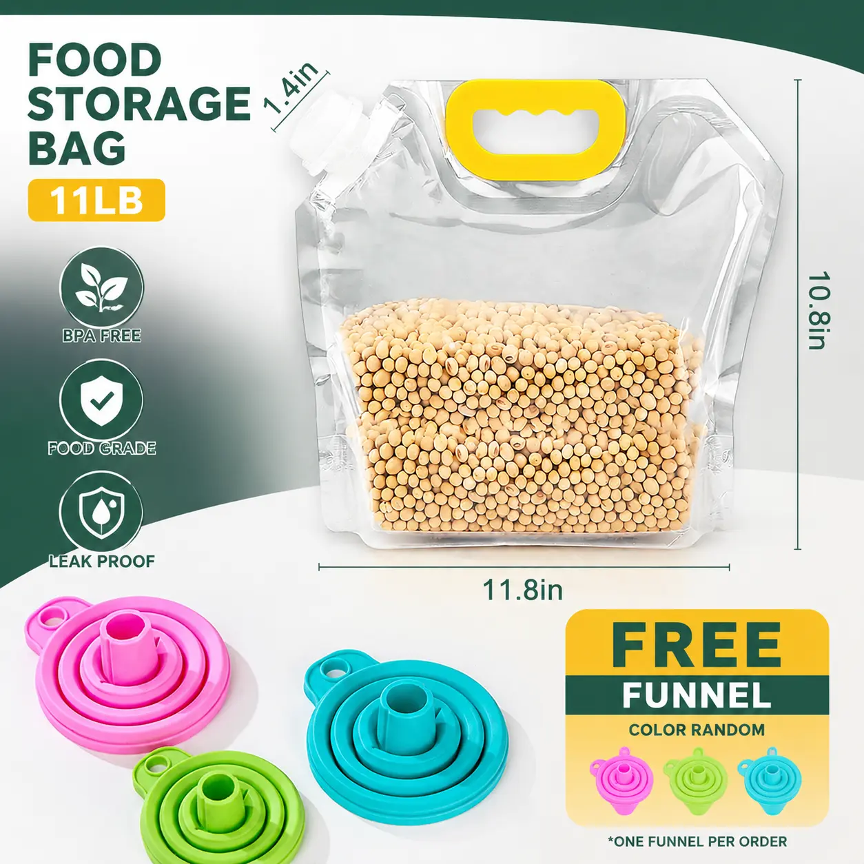 Airtight Food Storage Bags 11LB (5 Pound), with Free Collapsible Silicone Funnel, BPA Free Grain Moisture Proof Sealed Pouches with Spout, Self Standing Bulk Rice Cereal Flour Organizer, Reusable Food Storage Bag