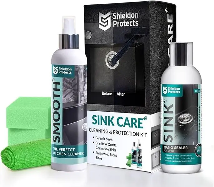 Multifunctional Household 200ml (6 fl oz) Liquid Kitchen Sink Cleaner & Nano Sealer Kit - Easy to Clean, Water Repellent, Indoor Use for Granite Composite, Ceramic Sinks - Daily Upkeep, Vegan Unscented Care Kit with Microfiber Cloth, Sponges