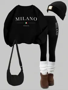 Women's 2-Piece Fitted Sweatshirt Set, Milano Letter Print, Round Neck Long Sleeve, Bottoms Pants, Casual Fall Winter