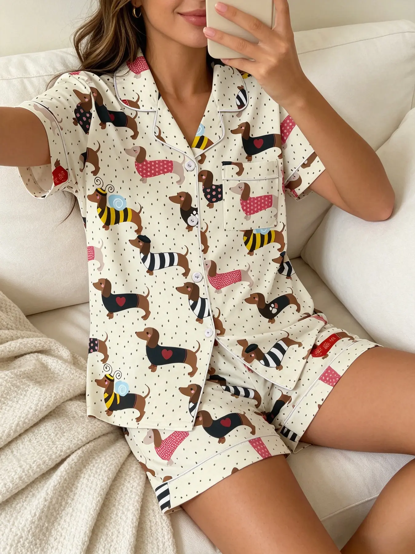 Women's Short Sleeve Button Down Top and Shorts Pajama Set, Loungewear, Spring Summer Wear, For Dachshund Lovers, Cream Base Costume Dachshund Polka Dot Print, Classic Lapel Collar, Loose Fit, Comfortable For Home & Pet Time