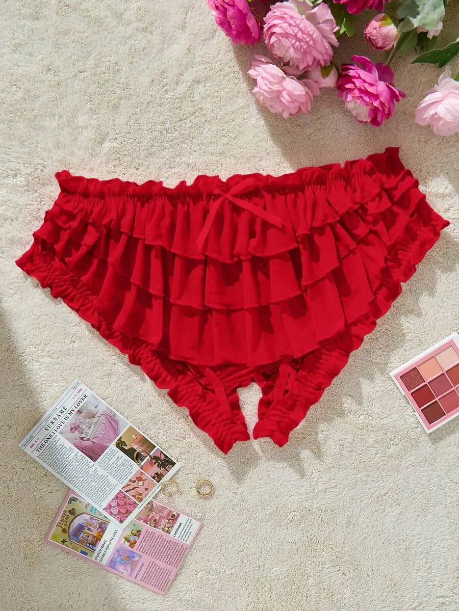 PetitDoll Plus Size Cute & Sweet Multilayer Ruffle Crotchless Lingerie With Bowknot