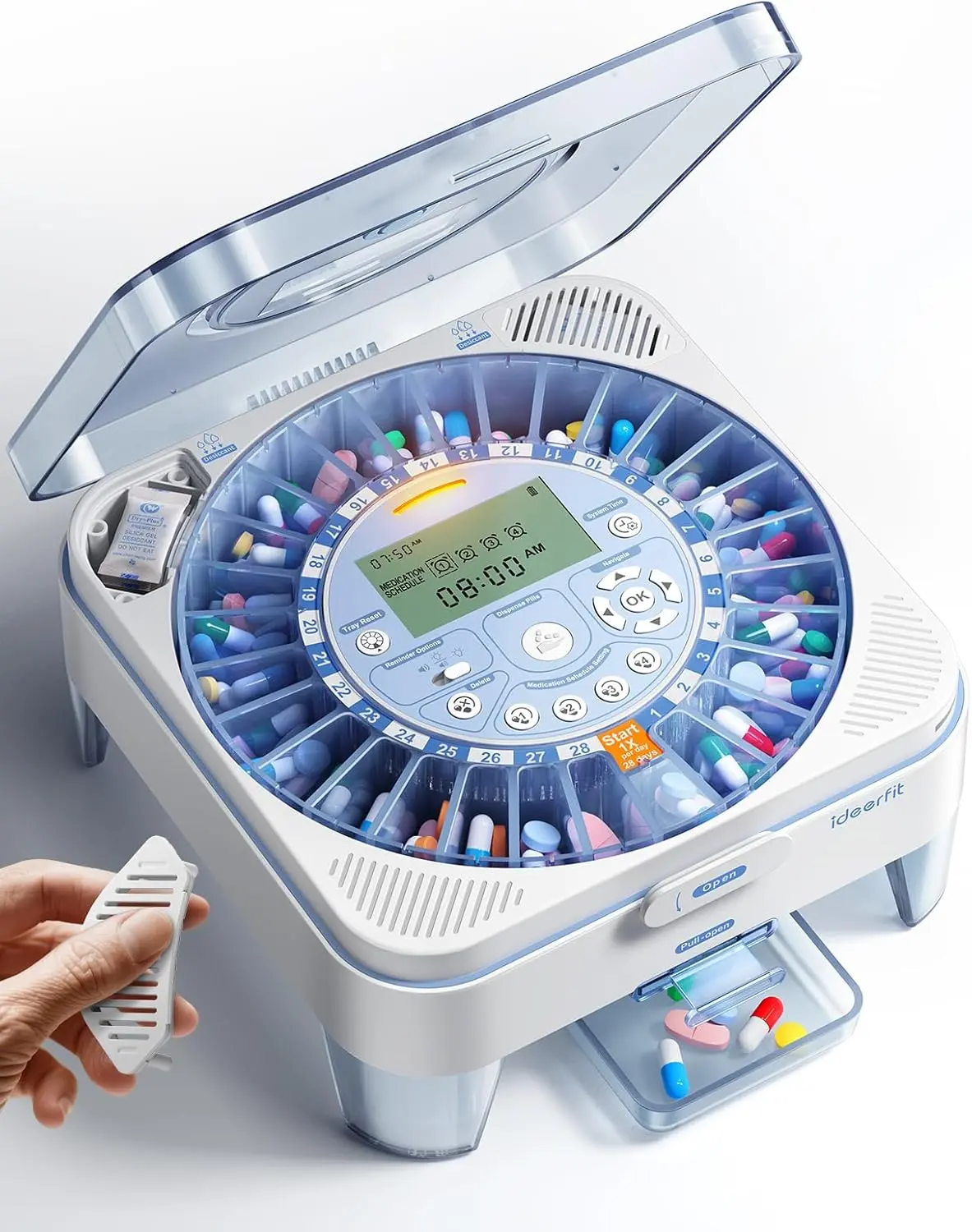Ideerfit 28-Day Automatic Pill Dispenser - 1-Tray 1-Press Daily Dispense (No App Support), Slide-Door Cup, Sound & Light Alerts, Moisture-Proof Dual Desiccants, Large Compartments with Capsule Slots for Tablets, Pill Organizer, Pill Dispenser-1-Tray (No A
