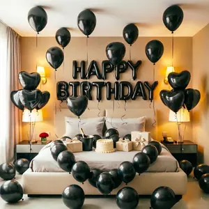 65pcs Black Festive Balloon & Banner Decoration Set - Halloween, Birthday Graphic, Balloon Backdrop, Banner Set, Latex & Heart Foil for Party Celebrations, Birthday Graphic Balloons