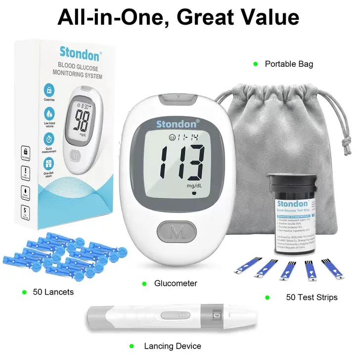 Blood Glucose Monitor Kit with 100/50 Test Strips 100/50 Lancets No-Coding Large Display  1 Lancing Device Control Diabetes Testing Kitfor Home Use Glucometer Kit for Fit & Healthy Lifestyles