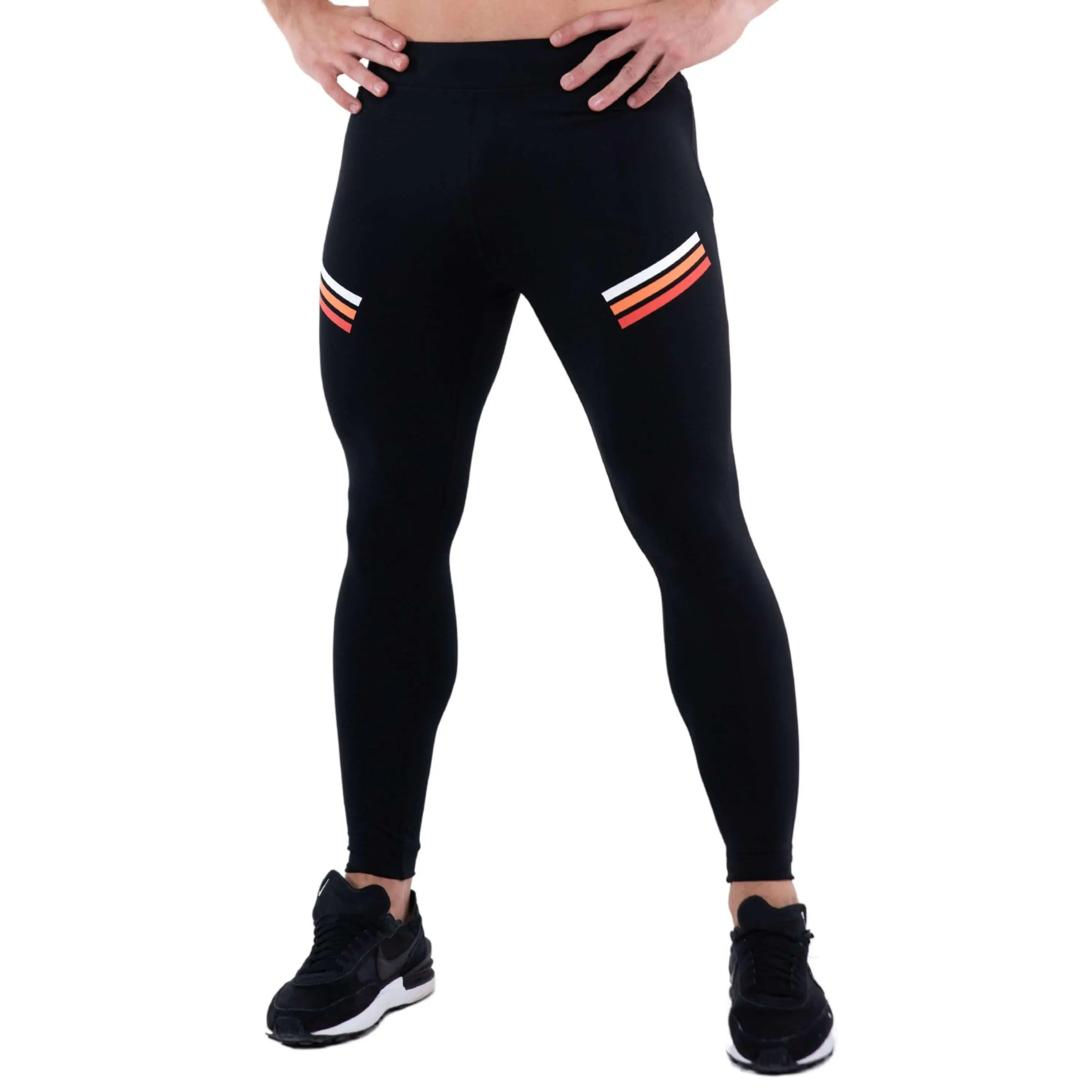 Kapow Meggings Warrior PRO Black Heat Print Color Stripes Men’s Performance Leggings Activewear with Phone + Zip Pockets | Gym, HIIT, Running & Fitness