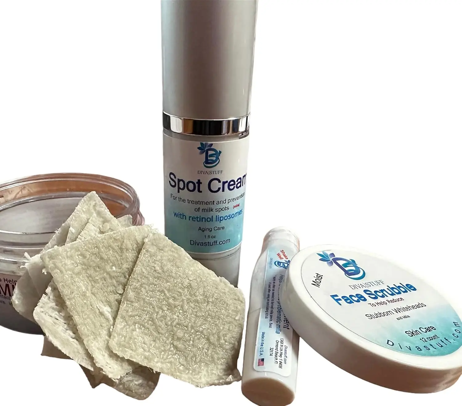 3 Piece Set Face Scrub,Cream and Purse Size Spot Applicator for Milk Spots, Whiteheads, Blackheads and Stubborn Clogged Pores By Diva Stuff