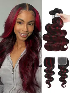 AUROO F1B/Burgundy Highlight Body Wave Bundles with Closure Human Hair ,12A 100% Virgin Ombre 99J Red Brazilian Wavy Weaves 3 Bundles with 4x4 HD Transparent Lace Closure Pre Plucked