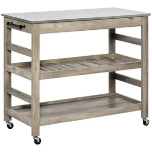 HOMCOM Rolling Kitchen Cart with Stainless Steel Countertop 1 Bottom Shelf 1 Slotted Middle Shelf and 4 Castor Wheels Grey