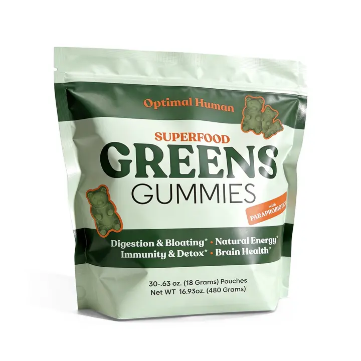 Optimal Human Superfood Greens Gummies — 20+ Organic Superfoods, 14 Vitamins & Minerals, 4-Strain Paraprobiotic Blend in a Delicious Strawberry Gummy | USDA Organic, Vegan, Gluten Free, Non-GMO, 30 Day Supply