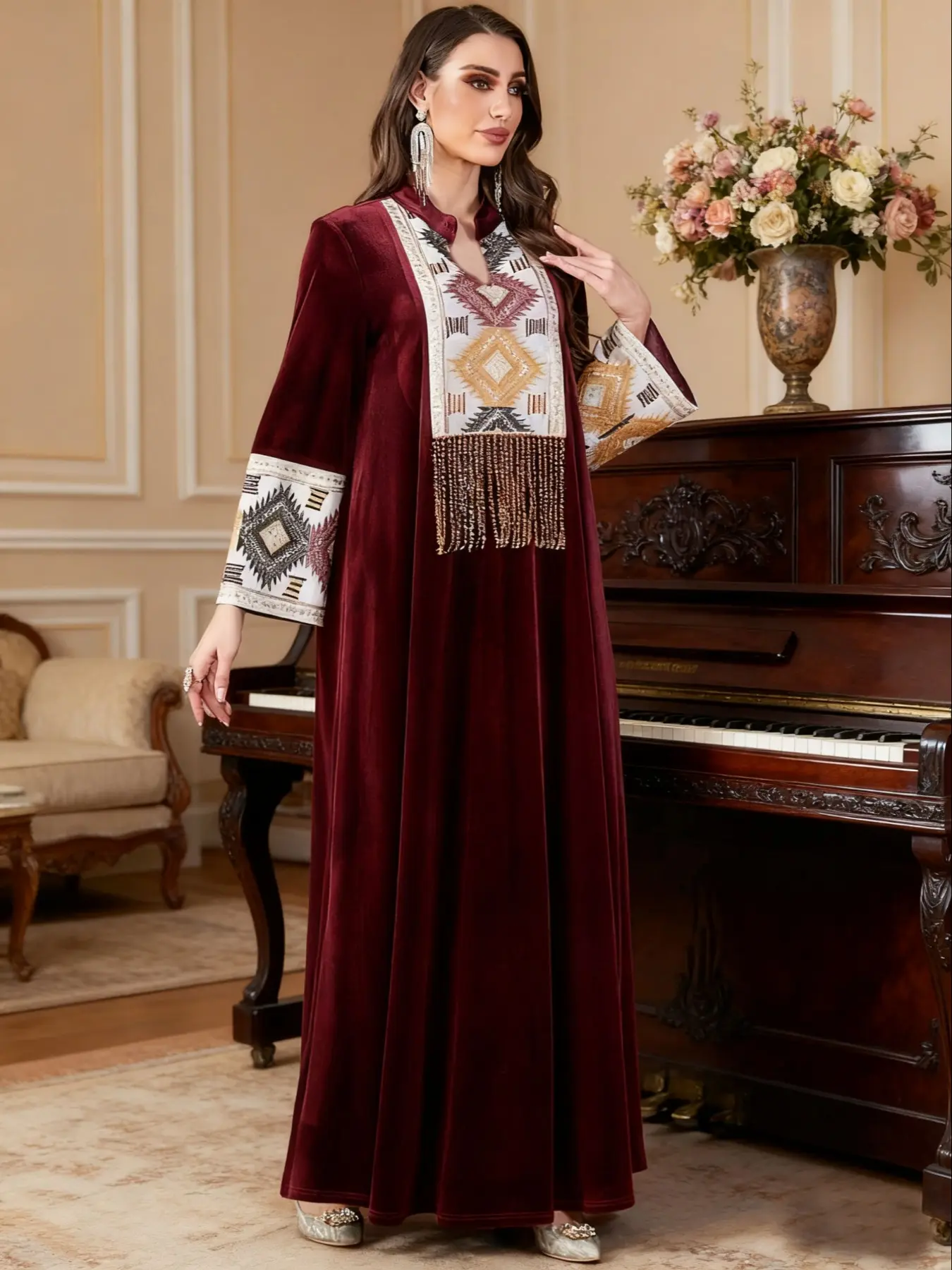 Women's Ethnic Embroidered Sequins Long Dress, Loose-Fit Woven Fabric, Elegant Fall & Winter Embroidery Abaya, Abayas For Eid, Perfect for Muslim Women, Modesty Muslim Clothing, Islamic Abaya, Traditional Abaya, Islamic Modesty Clothes