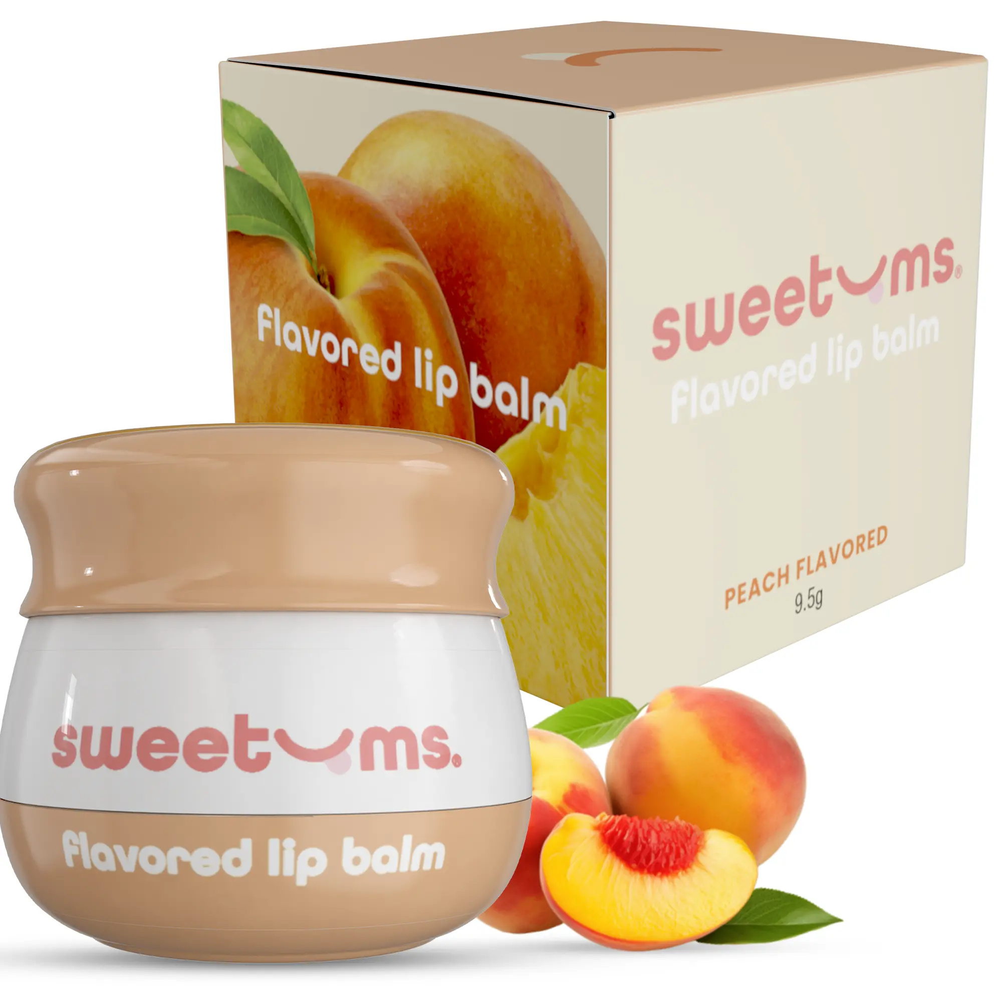 Sweetums Peach Flavored Lip Balm Hydrating Fresh Peach Taste with Built-in Mirror & Applicator for Effortless Use Vegan Cruelty-Free Glossy Lip Balm