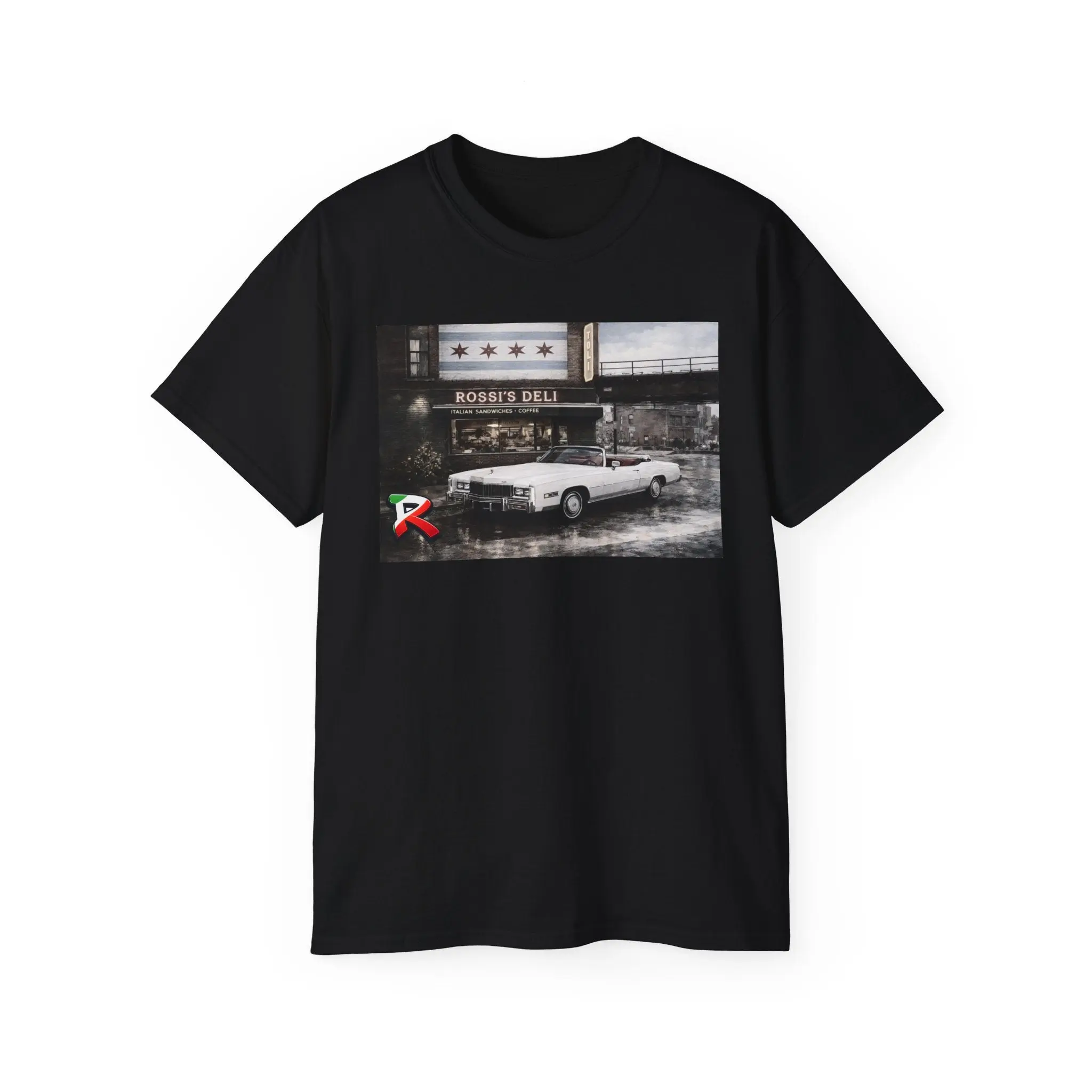 B Vintage Diner Classic Car T‑Shirt — Retro 'Rossi’s Deli' Photo Tee