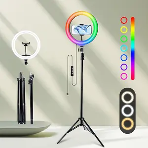 62.9-inch Tripod and Phone Clips Kit - Adjustable Brightness, 30 RGB and 3 White Light Modes,  with 10-inch RGB LED Selfie Ring Lights for Professional Photos and Video Lights#springbreak