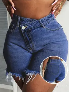USBoutique Chic Jean Shorts for Women High Waisted Stretchy Casual Denim Shorts Ripped Frayed Hem Summer Trendy Jorts Basic Minimalist Bottoms - Womenswear
