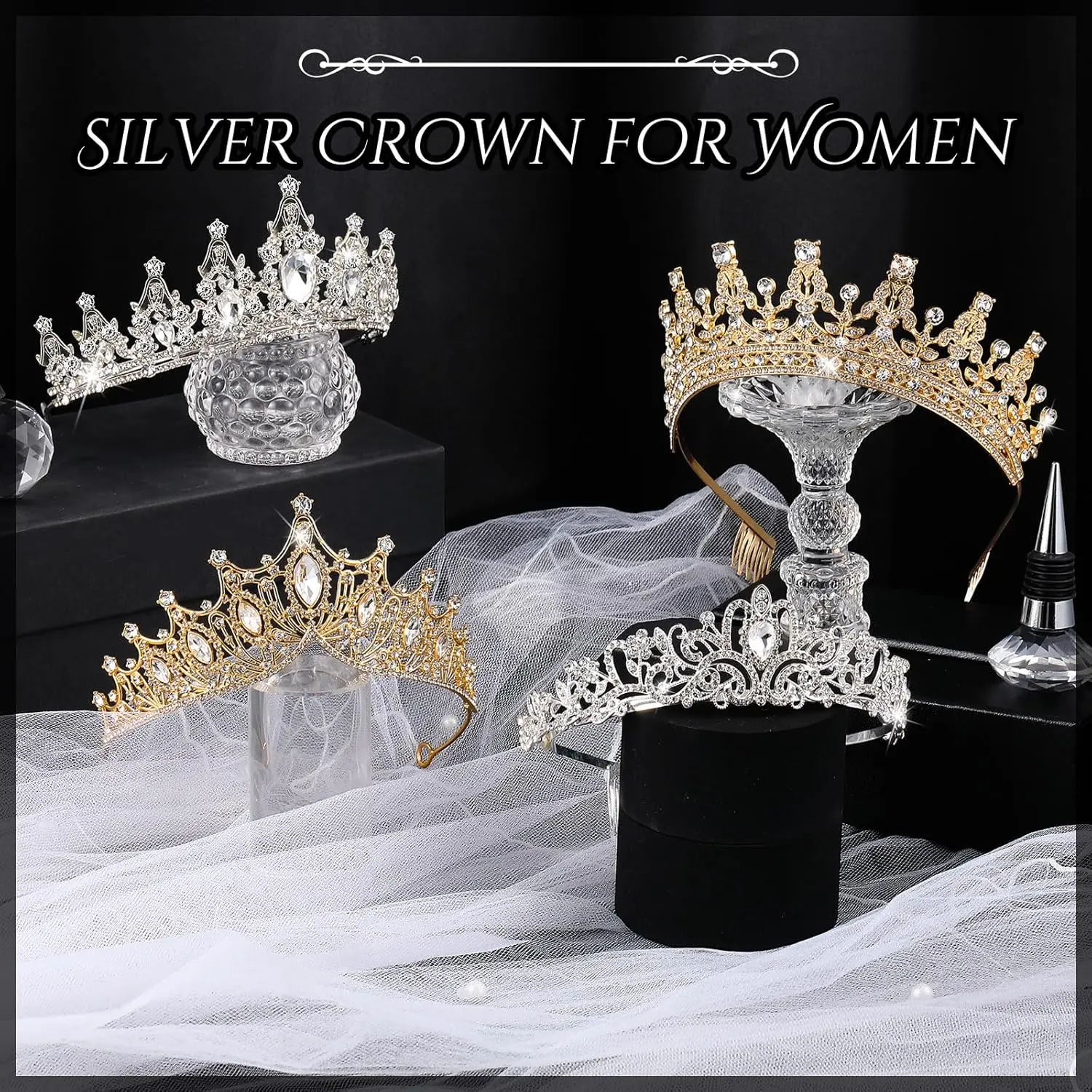 Women's 4-Pcs Crystal Queen Tiaras & Crowns - Bridal Headpiece, Bridal Accessory, Party Birthday Crown (Gold/Silver) - Home Improvement, Building Supplies, Wallpaper & Wall Trim, Costume Headpiece