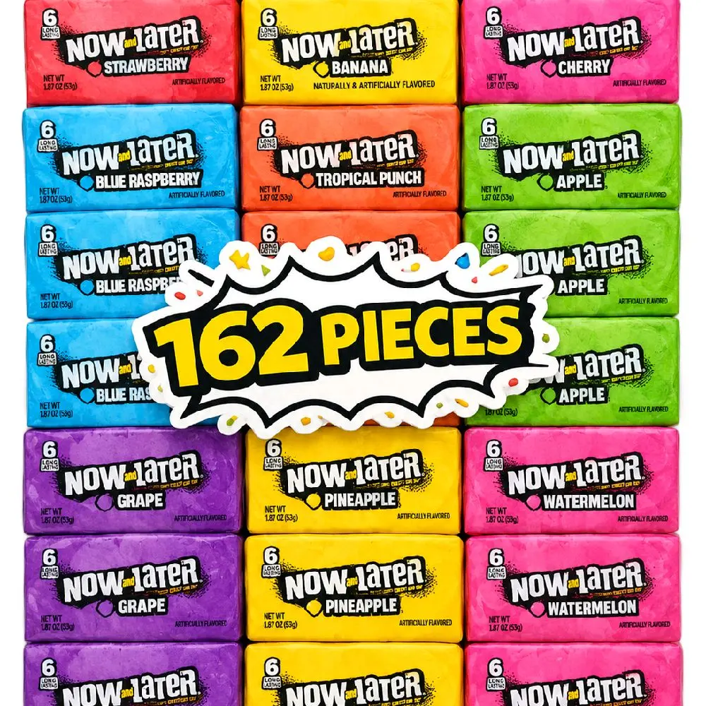 Now and Later Low Fat Tangy Fruity Candies Variety Pack - 27 packs   (3 Each of Cherry, Strawberry, Watermelon, Grape, Pineapple, Tropical, Banana Flavors), 6 pieces in each pack 27 packs x 6 equals 162 Chewy Snack pieces