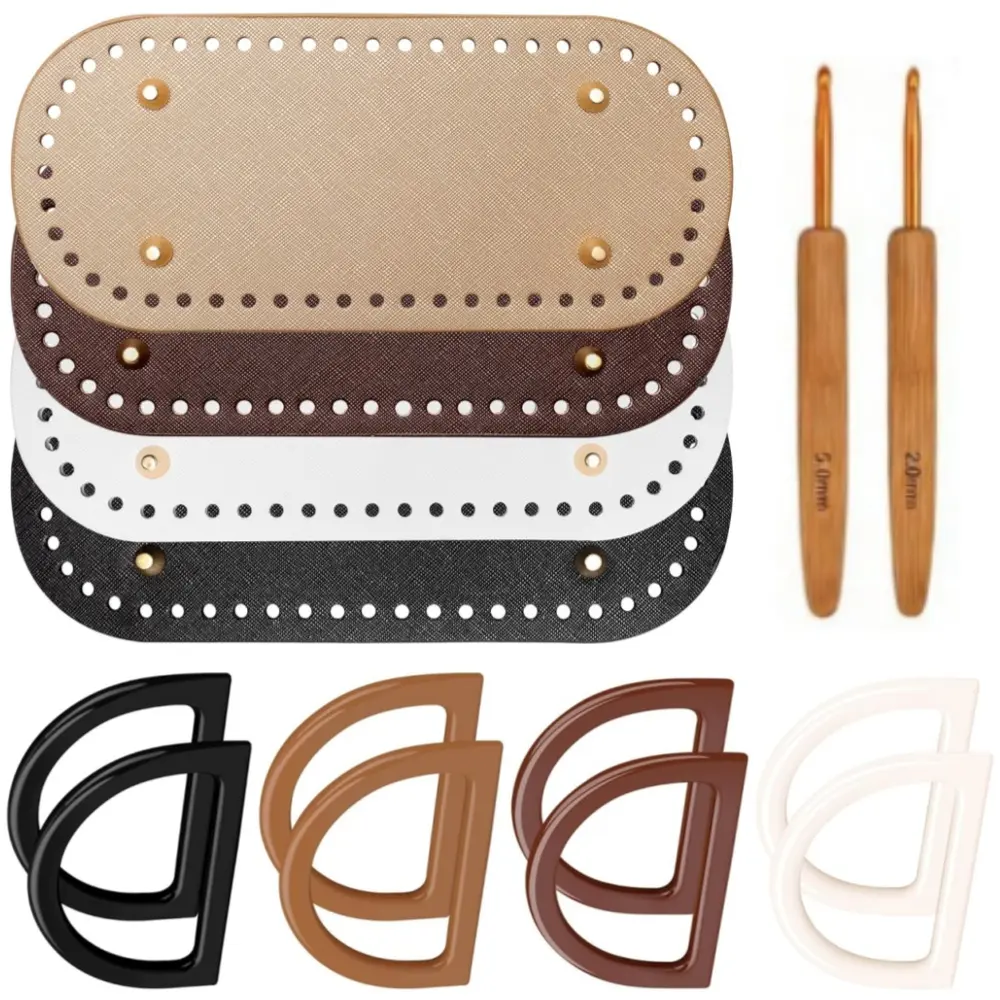 4 PCS Bag Bases with 2 PCS Crochet Hook DIY Bags Making Supplies Kit Leather Purse Bottoms Crochet Purse Kit for Crocheting