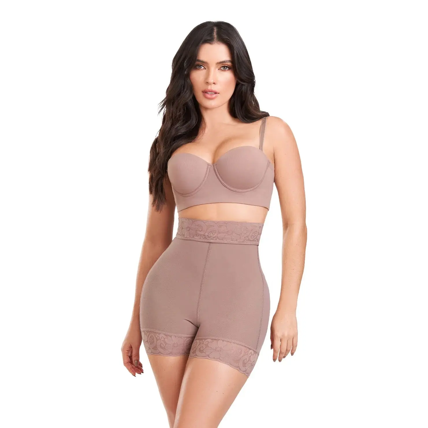 Women's High-Waisted Lace Leg Shapewear Shorts - Tummy Control, Butt Lifter, Compression Elastic for Daily Wear & Hourglass Shape, Polyamide Blend